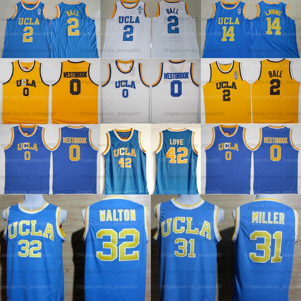 

UCLA Bruins College Basketball Jersey Bill Walton Kevin Love Lonzo Ball Zach LaVine Russell Westbrook Reggie Miller Stitched White Blue Yellow Size -2XL Top Quality, As shown