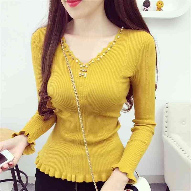 

Spring Sweater Women Slim Long Sleeved Bodycon V Neck Fashion Nail Bead Pullover Woman Knitted Tops 210525
