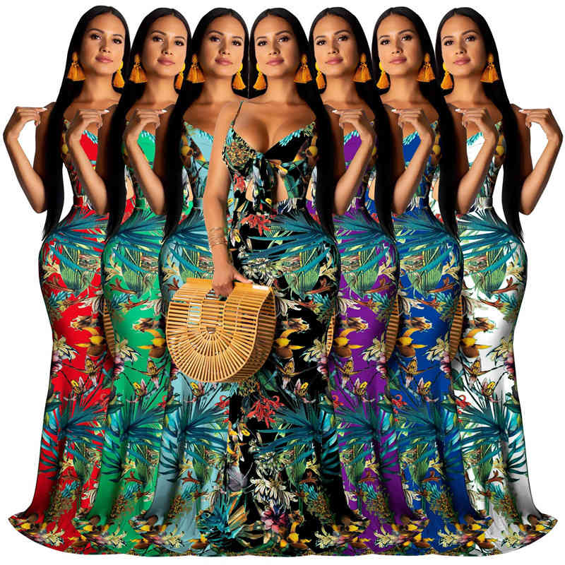 

Floral Printed Designer Women Dresses Beach Sexy Slim Sling Sleeveless Maxi Dresses Fashion Women Party Dresses, White;black