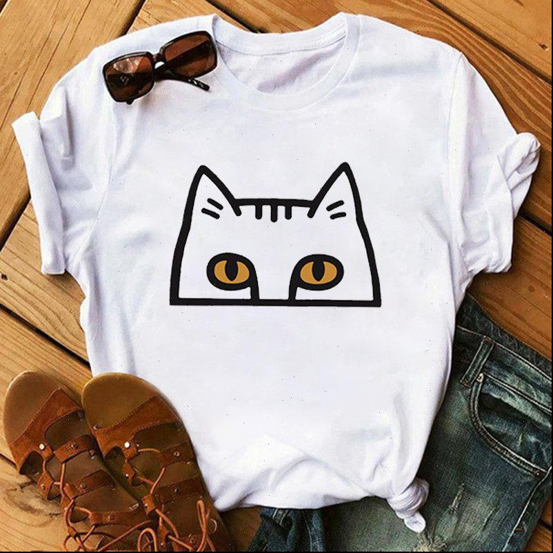 

cute cat print fashion casual women short sleeve o neck camisetas mujer drop, White