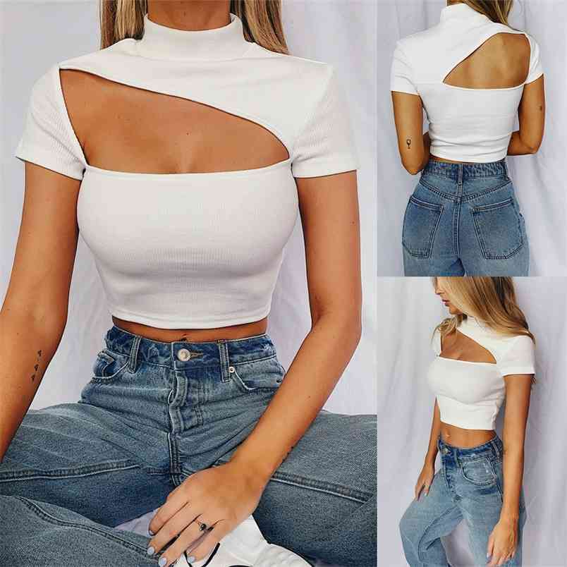 

Sexy Solid Hollow Out Short Sleeve Women T-shirts Casual Turtleneck Backless Ladies Slim Crop Tops Summer Bodycon Pullover 210517, White