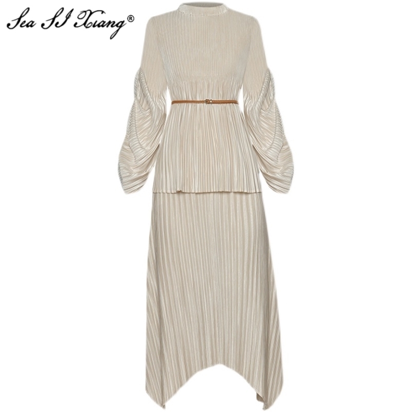 

Seasixiang Fashion Designer Spring Set Women Lace-up Stand Collar Lantern Sleeve Tops + Asymmetrical skirt Pleated Two Piece Set 211109, Gray