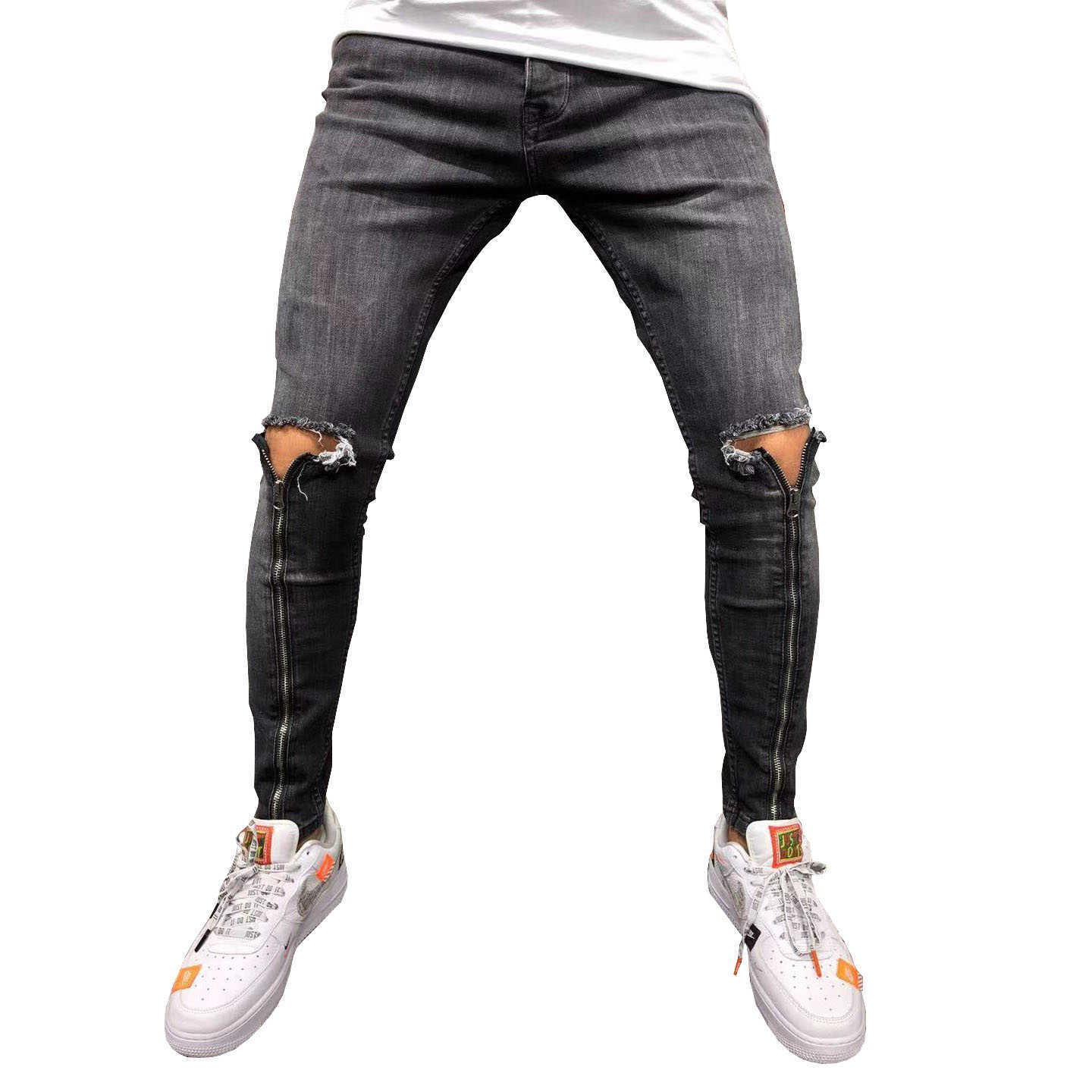 

Ripped Hole Jeans for Men Fashion Streetwear Zipper Casual Pencil Pants Distressed Hip Hop Denim Trousers Slim Fit Men Clothing X0621, Blue