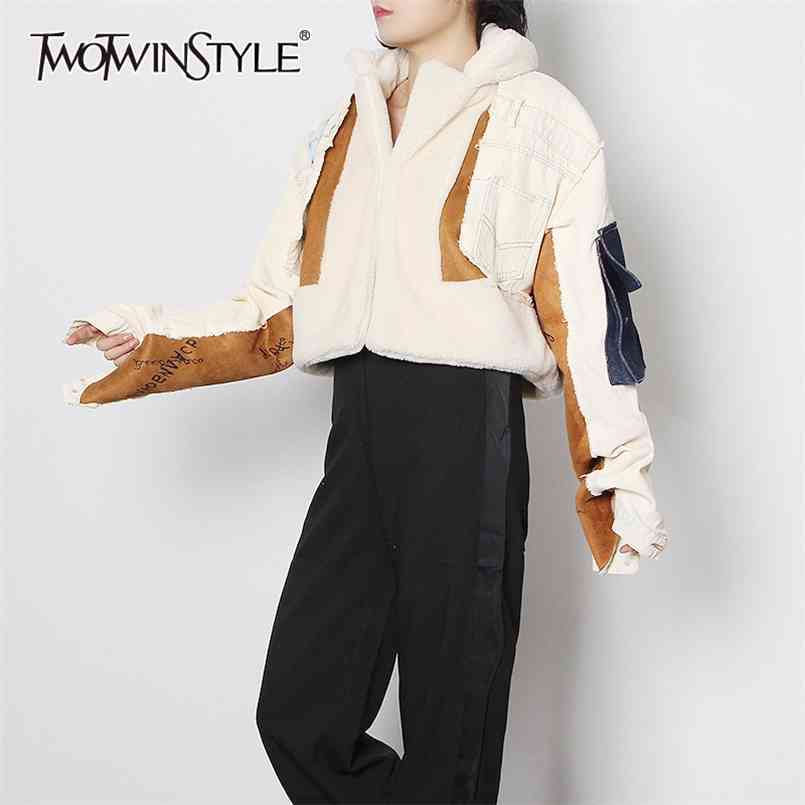 

Casual Patchwork Fluff Short Tops For Women Lapel Long Sleeve Hit Color Thick Denim Jackets Female Fashion 210524, Blue