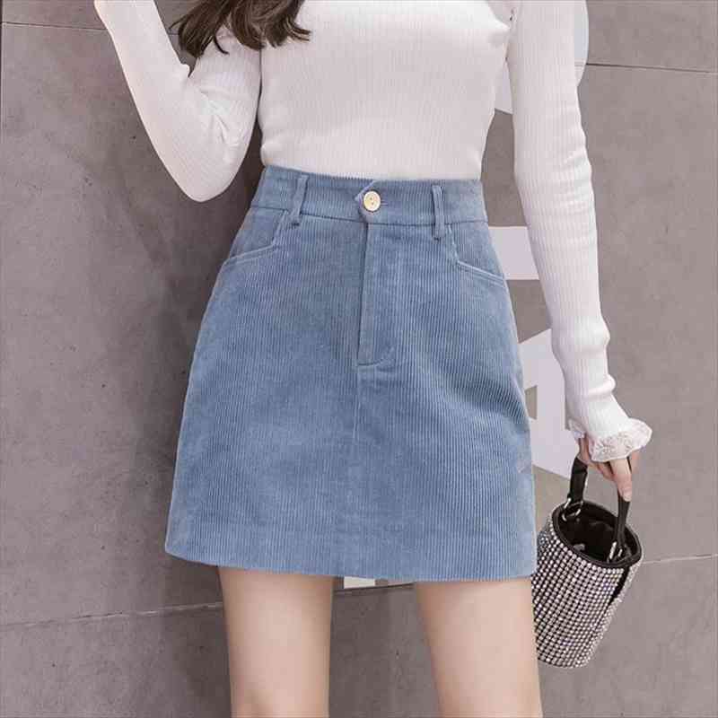 

high waisted corduroy fall women skirts winter korean a-line blue short students mini, Black