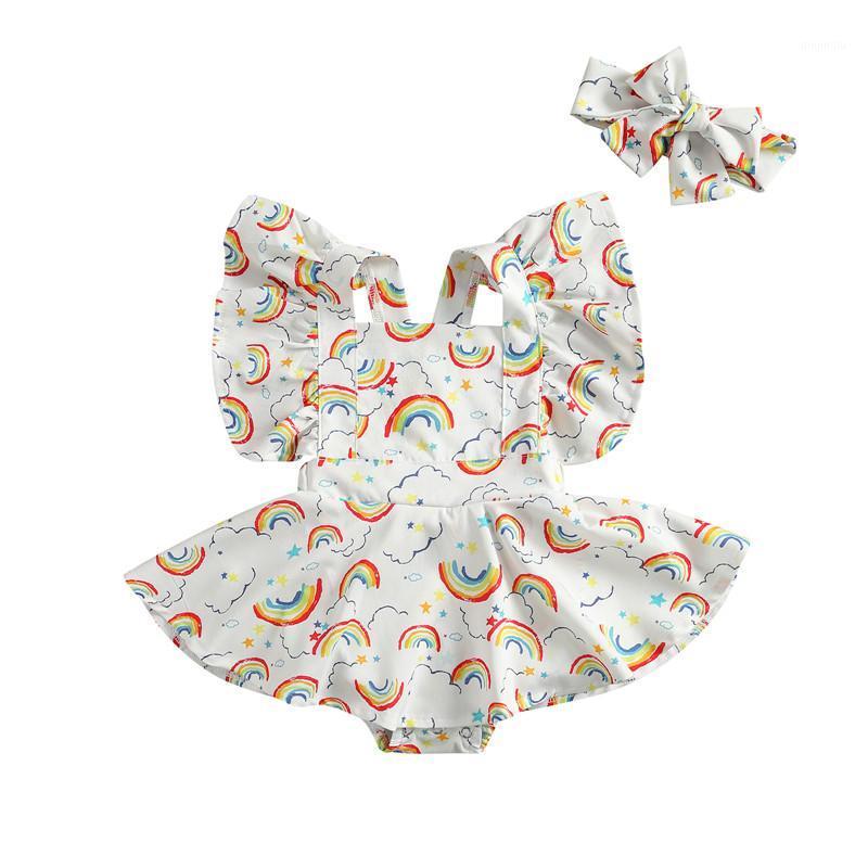 

Born Kids Baby Girls Clothes Ruffle Sleeveless Floral Print Romper Elegant Tutu Dress Headband Cute Princess Party Outfits Clothing Sets, White