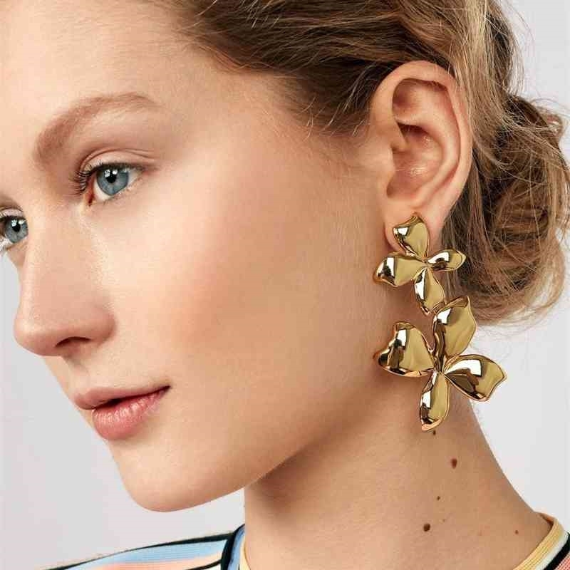 

Four Leaf Gold Flower Alloy Ear Stud Simple Retro Earrings Double Drop Women Jewelry Accessories
