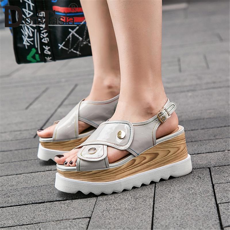 

Dress Shoes DORATASIA Fashion 2021 Cow Leather Wedge High Heels Summer Sandals Woman Buckle Strap, Black