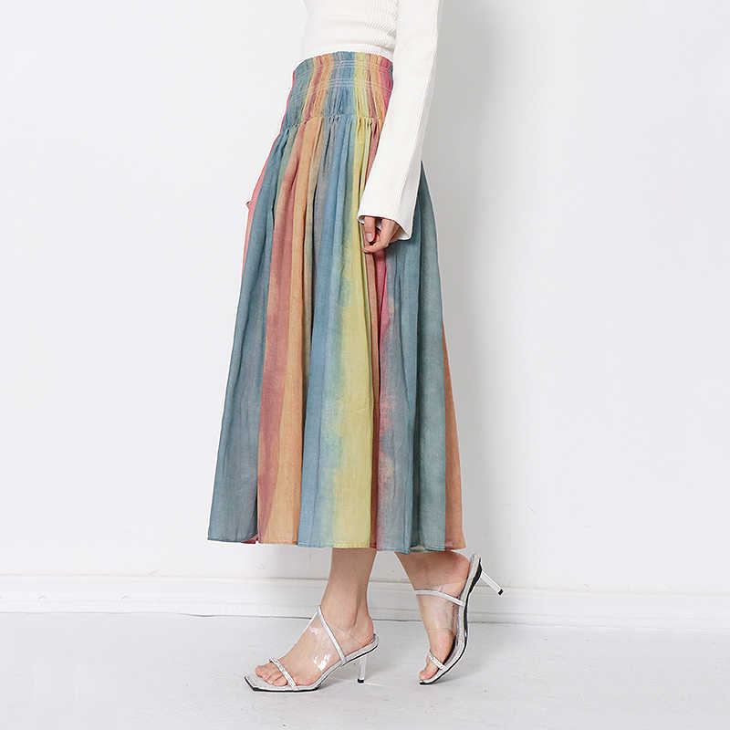 

Elegant Striped Colorful Skirt for Women Spring High Waist Ruched Casual Skirts Female Fashion Sweet Fresh Clothing 210525