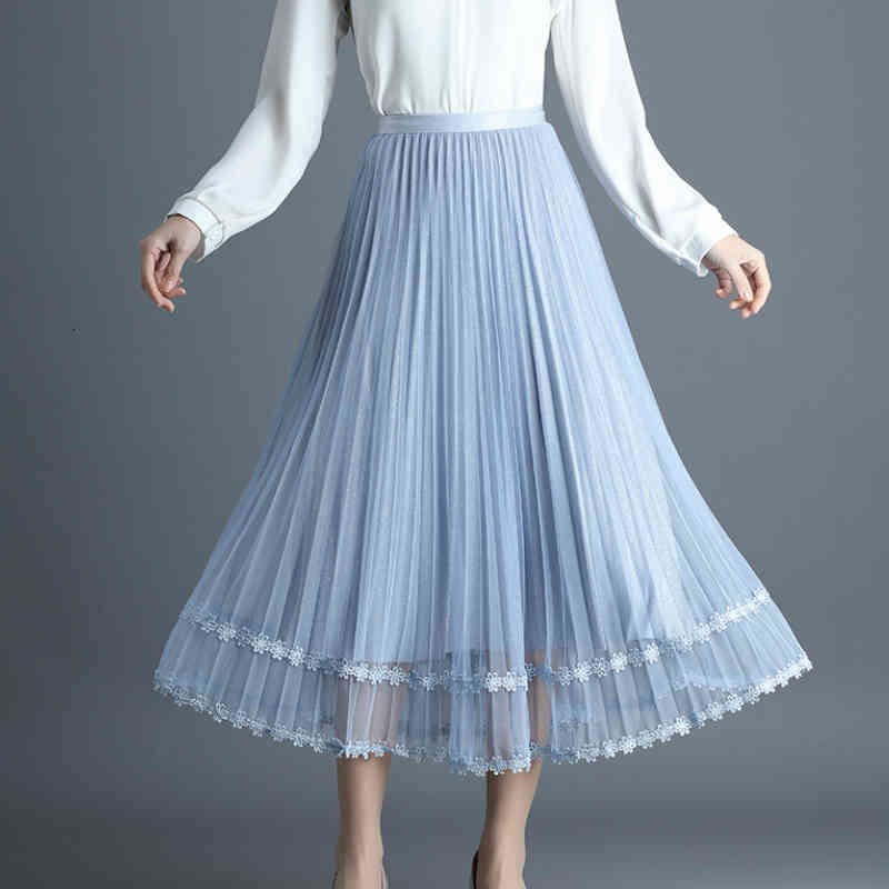 

skirts Summer Metallic Maxi Tulle Embroidered Floral Lace Beaded Candy A-line Pleated Shine Ankle Long Skirts Pink Blue, Black