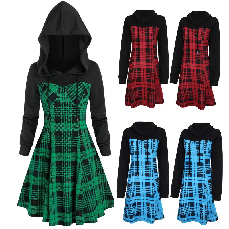 

Casual Dresses Vintage Women Plaid Plunge Front Ladder Cut Hooded Swing Dress Autumn Drawstring Vacation Fashion Party Robe, Blue