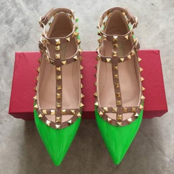 

Top Quality strap rivets Pointed toe dress Shoes Genuine Leather Women Ballet flats Soft Breathable Women's sandals size 34-43, Picture 1