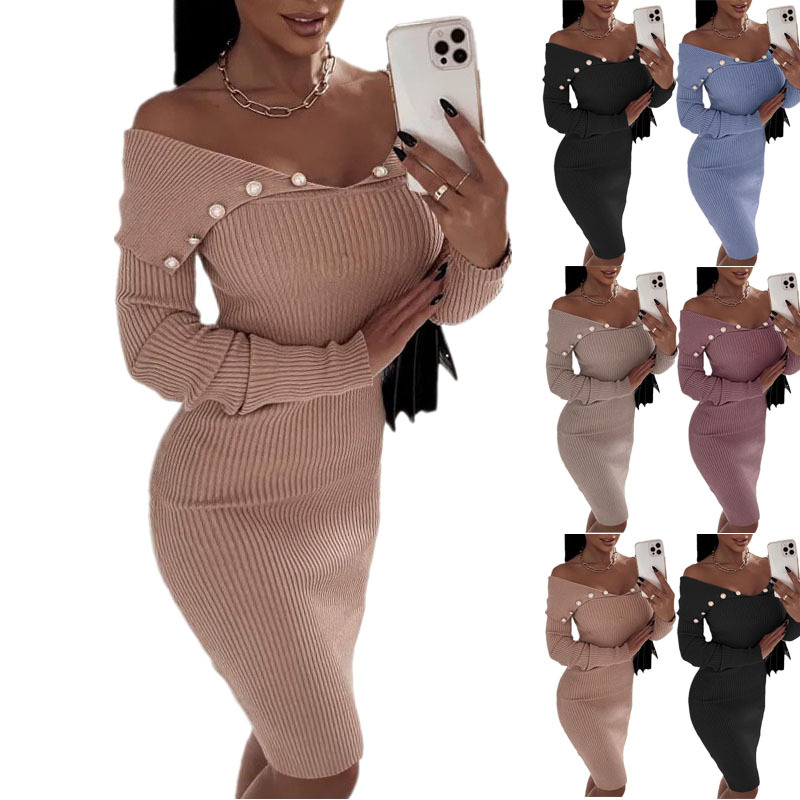 

Ladies Casual Dress Autumn Winter Women Long Sleeve V-Neck Slim-cut Knittedd Midi-skirt Middle Waist Pullover Off-shoulder Pencil Dress