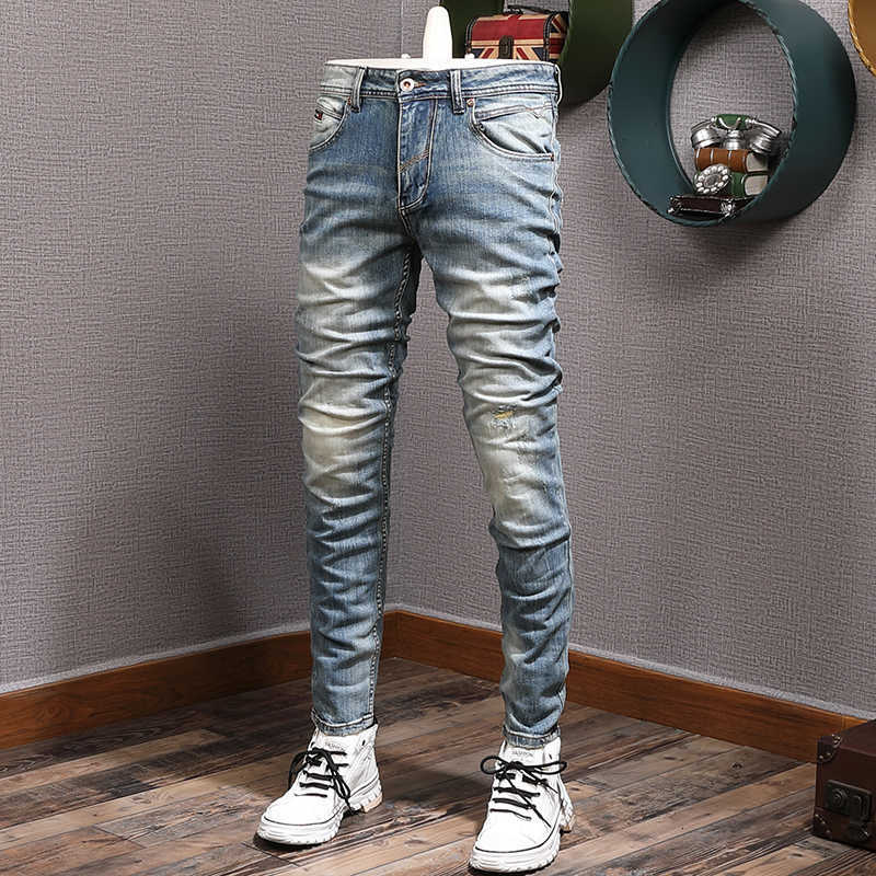 

Italian Style Fashion Men Jeans High Quality Retro Blue Elastic Slim Fit Ripped Vintage Designer Casual Denim Pants W76V