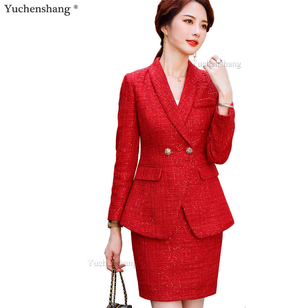 

Casual Dresses High Quality Winter Jackets Blazer Coat and Mini Skirt Suit Women Girl Thick Fabric Red White Plaid Two Pieces Set VR9P, Red skirt suit