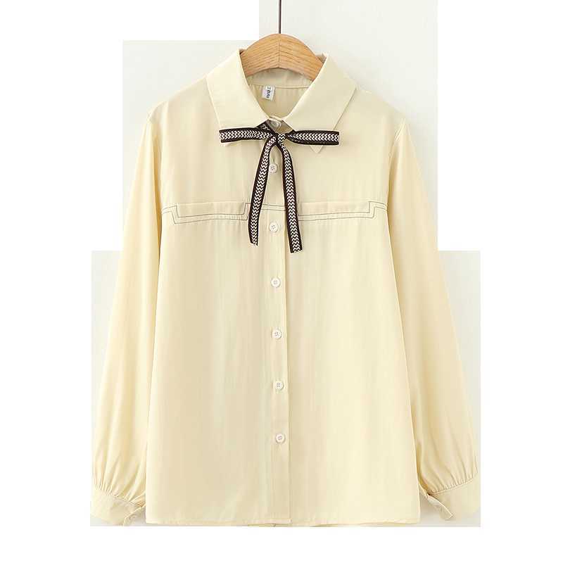 

Women Winter Bow casual office Shirt Long Sleeve Female Shirts Solid Turn-Down Collar Thick Warm Blouse Tops 210604, Apricot