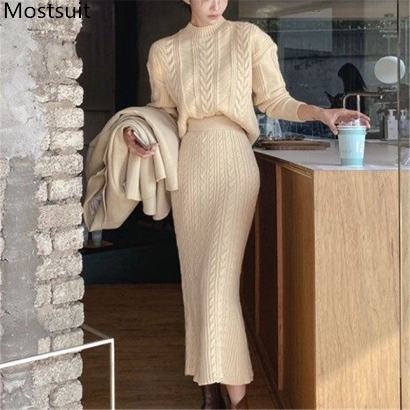 

Twisted Knitted Two Piece Skirt Set Outfits Women O-neck Sweater + High Waist Long Suits Vintage Fashion Female 210518, Apricot