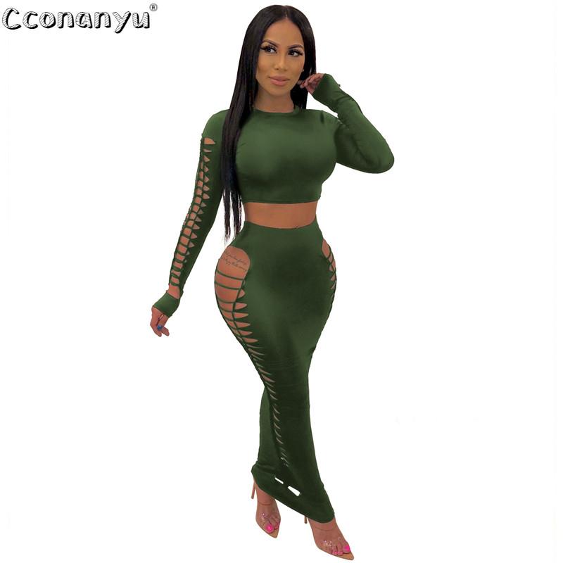 

Two Piece Dress Women Hollow Out Sets 2021 Autumn Long Sleeve Set Top Pants Suit Temperament Tracksuit Outfit, Black