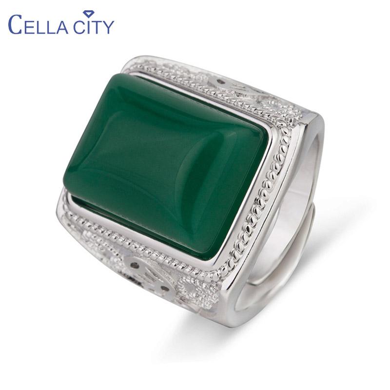 

cluster rings cellacity ethnic style ring for men silver 925 jewelry geometry gemstones green agate gorgeous meal opening adjustable, Golden;silver