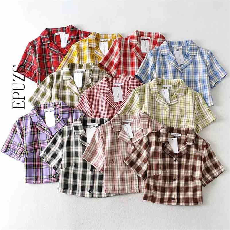

Summer blouse women vintage crop shirt streetwear plaid ladies tops elegant button up korean top red 210521, Pink