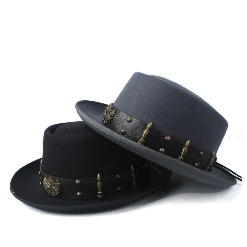 

Pork Pie Hat For Men Women With Punk Belt Fashion Wool Fedora Trilby Fascinator Size 58CM Wide Brim Hats, Black