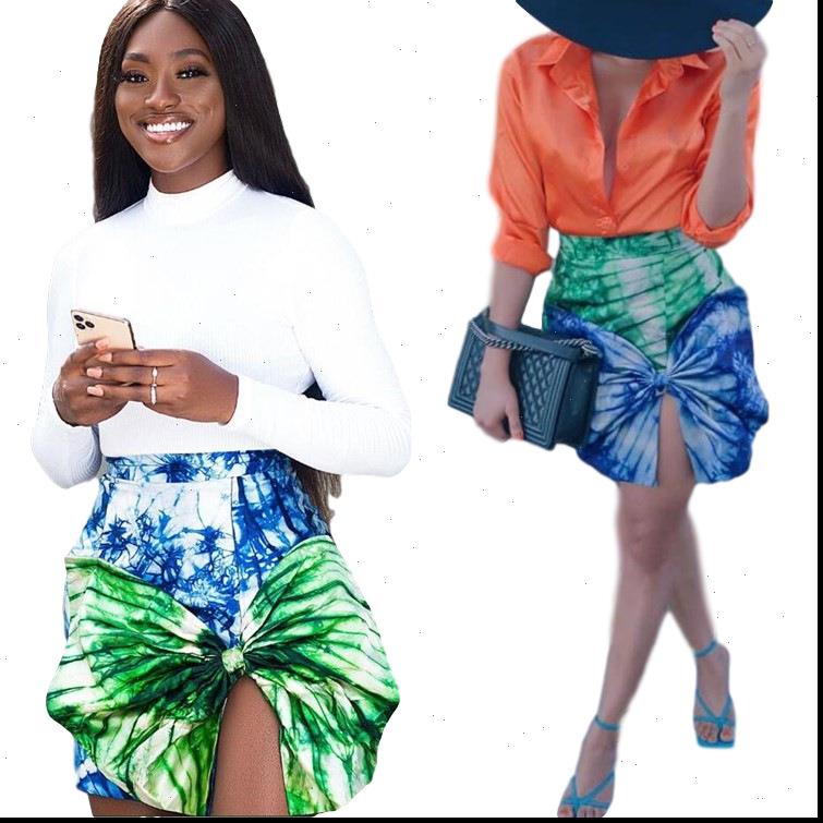 

tie dye printed summer ladys womens skirt fashion contrast color high waist mini with bowknot for nightclub party, Black