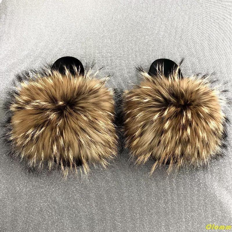 

Test Real Fur Slides Summer Beach Fluffy Slippers 100% Raccoon Flip Flops Sandals Shoes Wholesale, As photo