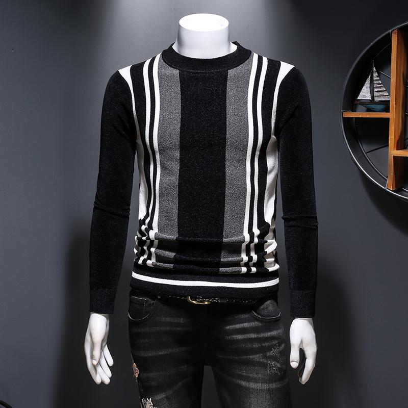 

Men's Sweaters Casual Fashion Pullover Men Round Neck Slim Fit Striped Sweater Males Elastic Mixed Color Jacquard Knitting Tops Autumn Winte, White;black