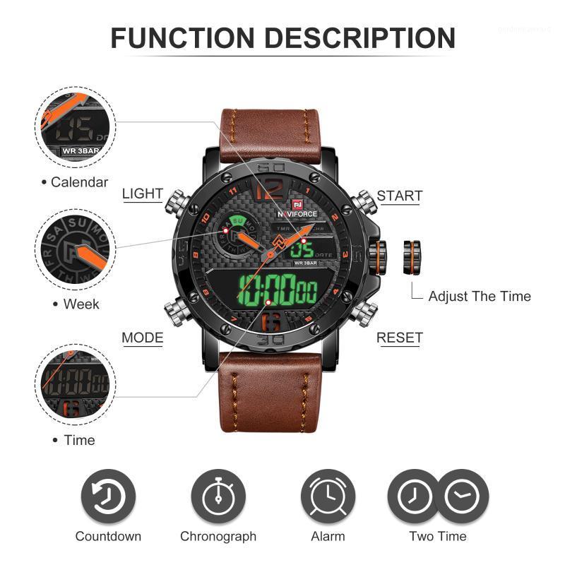 

Men's Watches Luxury Men Leather Sports NAVIFORCE LED Digital Clock Waterproof Fashion Milatary Wrist Wristwatches, Bybn