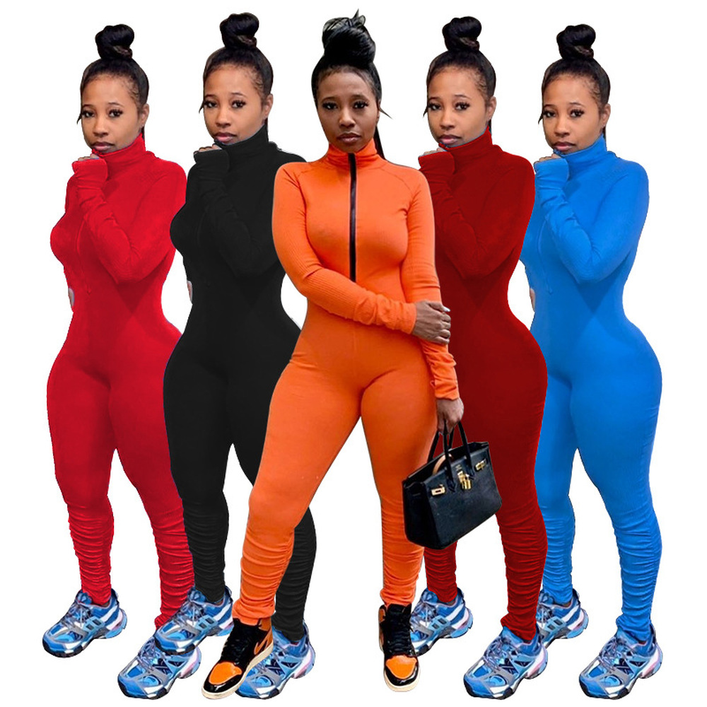 

2021 New Arrival Jumpsuit Women Elastic Hight Fitness Rompers Long Sleeve High Necked Zipper Bodysuit Activewear Stacked Outfit, Black