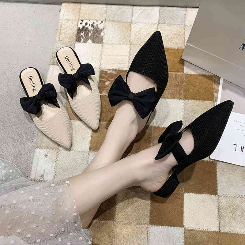 

slippers pointed toe casual low flat shoes female slides butterfly-knot loafers slipers women soft luxury cover fabric pu dwbm, Black