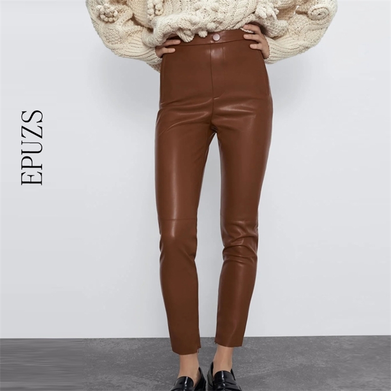 

ZA PU leather Womens skinny Pants Trousers elastic waist sexy slim bodycon Brown Pencil stylish office 210521, Black