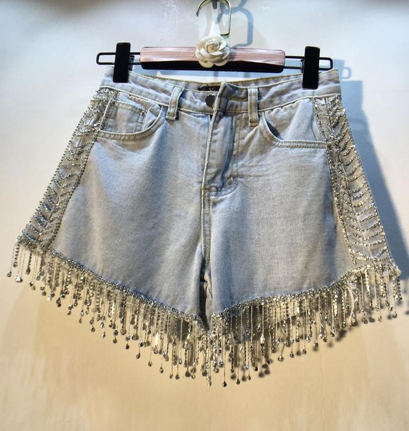 

Women' Jeans Light Blue Jean Shorts Woman 2021 Summer Wear European Style Industrial Tassels Beads Diamond Denim Lady' Pants, Sky blue