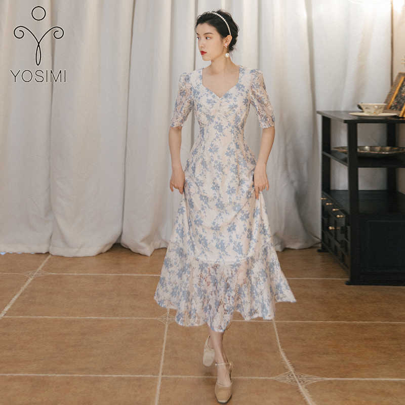 

YOSIMI Evening Party Long Women Dress Elegant Summer Blue Floral Print V-Neck Mid-calf Short Sleeve Dresses 210604, Mixed color