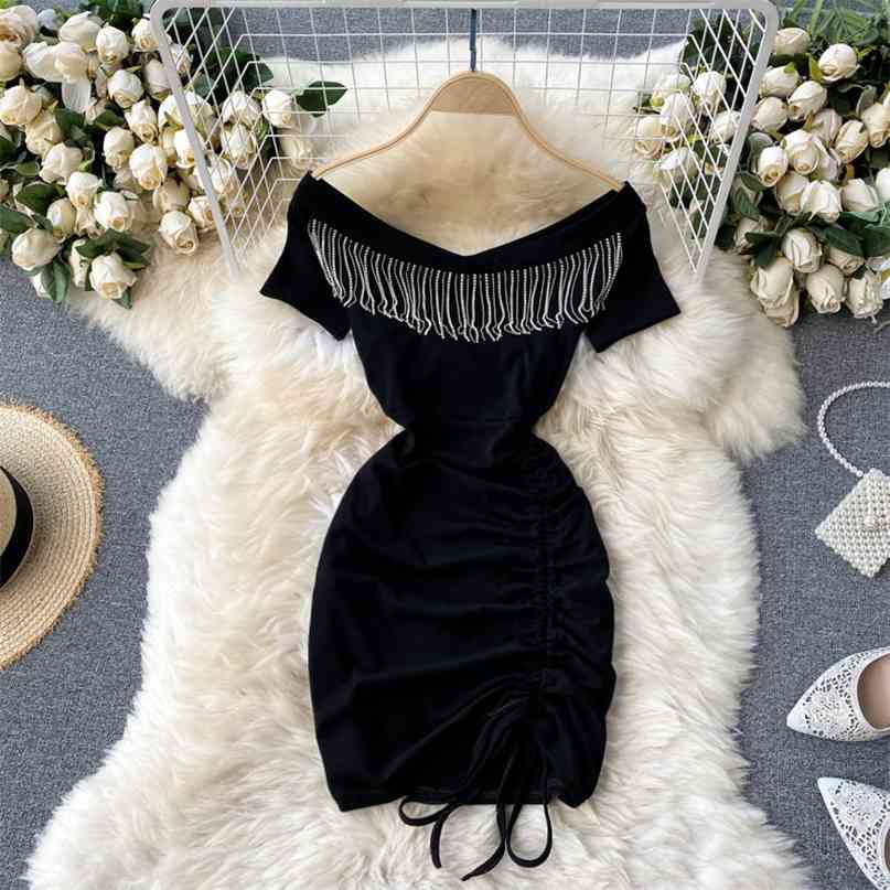 

Sexy Off Shoulder Slash Neck Short Sleeve Tassels Mini Bodycon Dress Women Summer Chic Slim Drawstring Ruched Party Dresses 210603, Black