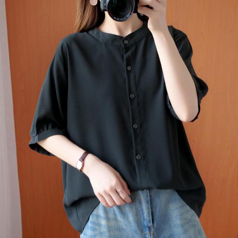

Johnature Summer Solid Color O-neck Half Sleeve Single Breasted Shirt Loose Leisure Comfortable All-match Women Tops 210521, Black