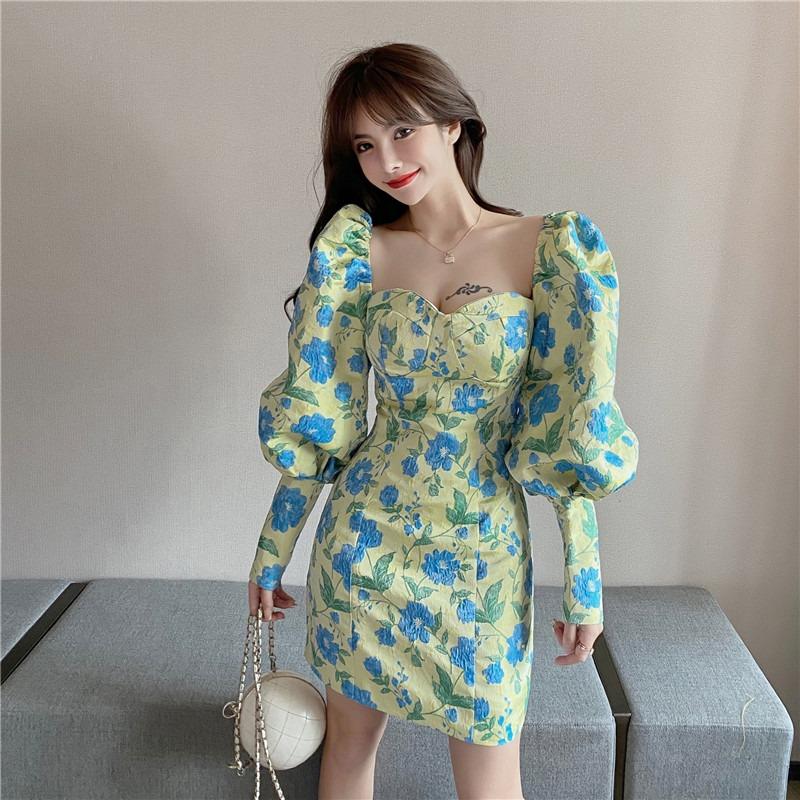 

Casual Dresses Lightly Mature Spring Full Puff Sleeve Bag Hip Oil Painting Dress Women Mini Fashion Retro Elegant Sexy Vestido De Mujer Flor, Black;gray