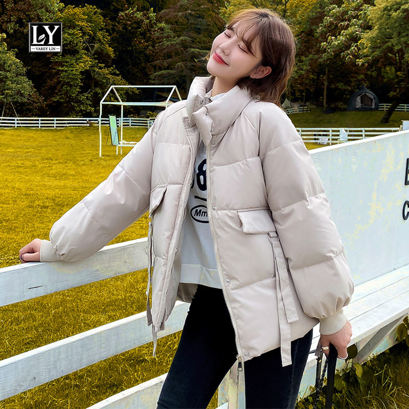 

down Winter Women Cotton Coats Korean Style Ribbons Pockets Stand Collar Long Sleeve Solid Casual Padded Jacket, Black