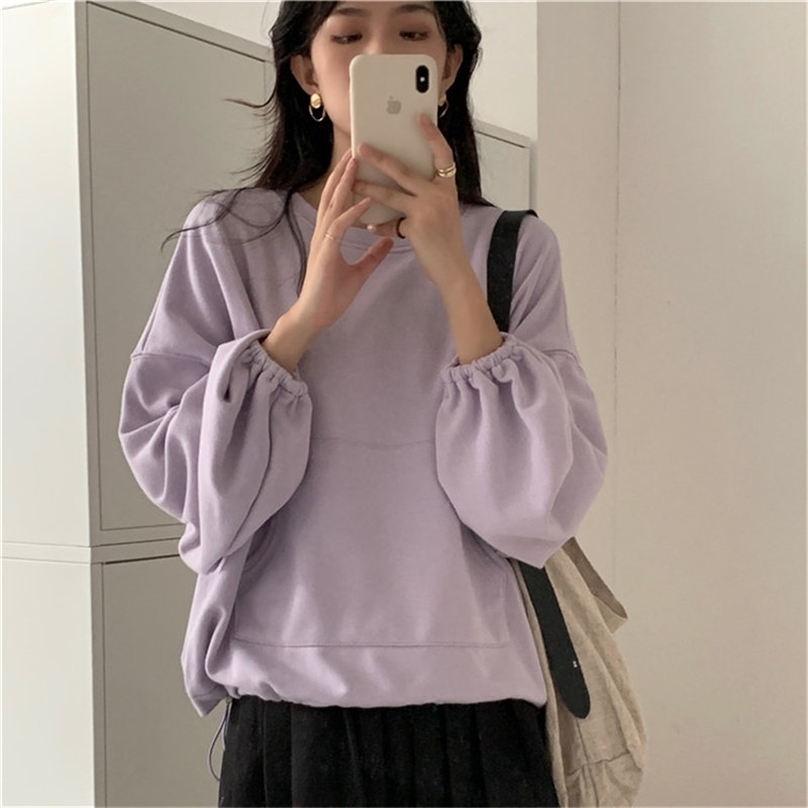 

Minimalist Femme Students Solid O-Neck All Match Pullovers Chic Warm Korean Casual Tops Loose Sweatshirts 210525, Purple