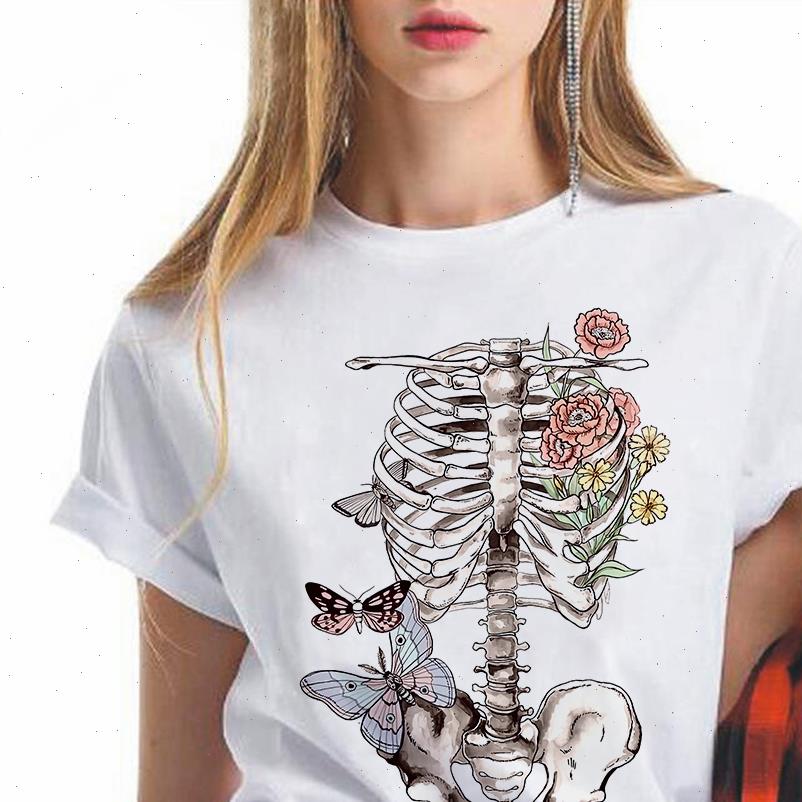 

skeleton women t shirts flowers shirt hip hop 90s gothic female clothing femme streetwear kawaii, White