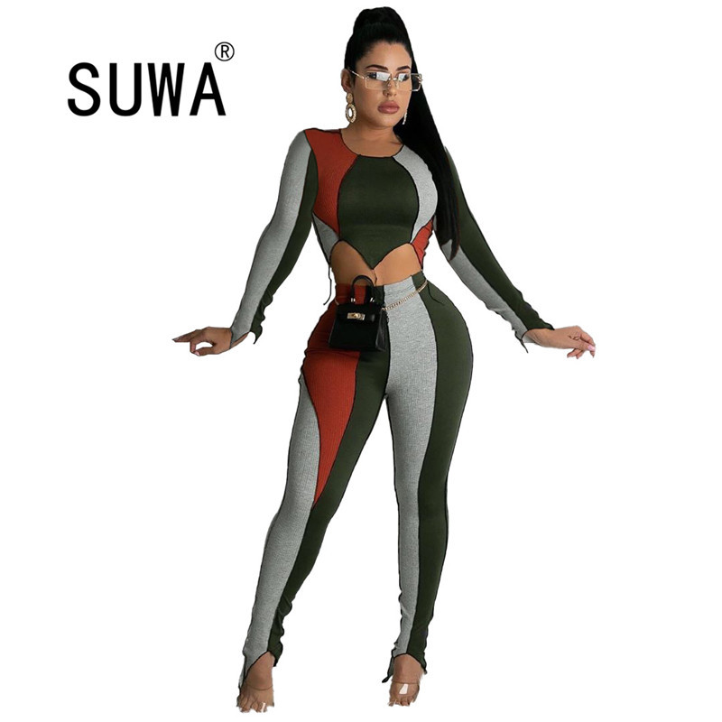 

Tie Dye Long Sleeve Chic Crop Top Tunic High Waisted Stack Sweatpants Pants Bandage Two Piece Outfits For Woman Party Club Wear 210525, Multi