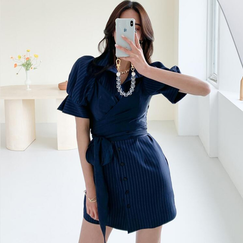 

ZAWFL Fashion Shirt Dress Summer Puff Sleeve Loose Lace-up Stitching Striped Asymmetrical Dresses 210525, Picture color