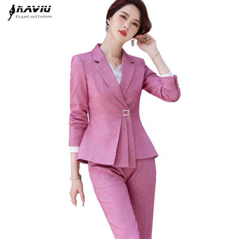 

Women Fashion Winter Pants Suit Business Formal Long Sleeve Slim Blazer and Trousers Office Ladies Interview Work Wear 210604, Pink coat and skirt