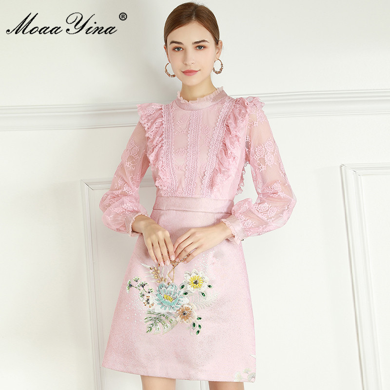 

Fashion Designer Summer Mini Dress Women Lace Ruffles Long Sleeve Beaded Print Elegant Pink Jacquard Short 210524