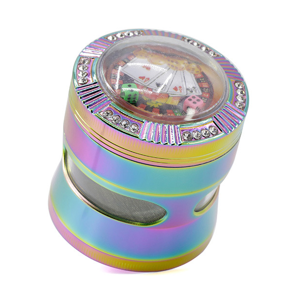 

Zinc Alloy Grinding Smoking Grinder 4 Layers Diameter 63 MM Iceblue Rainbow Color Slender Waist Side Transparent Windows Dice Herb Grinders