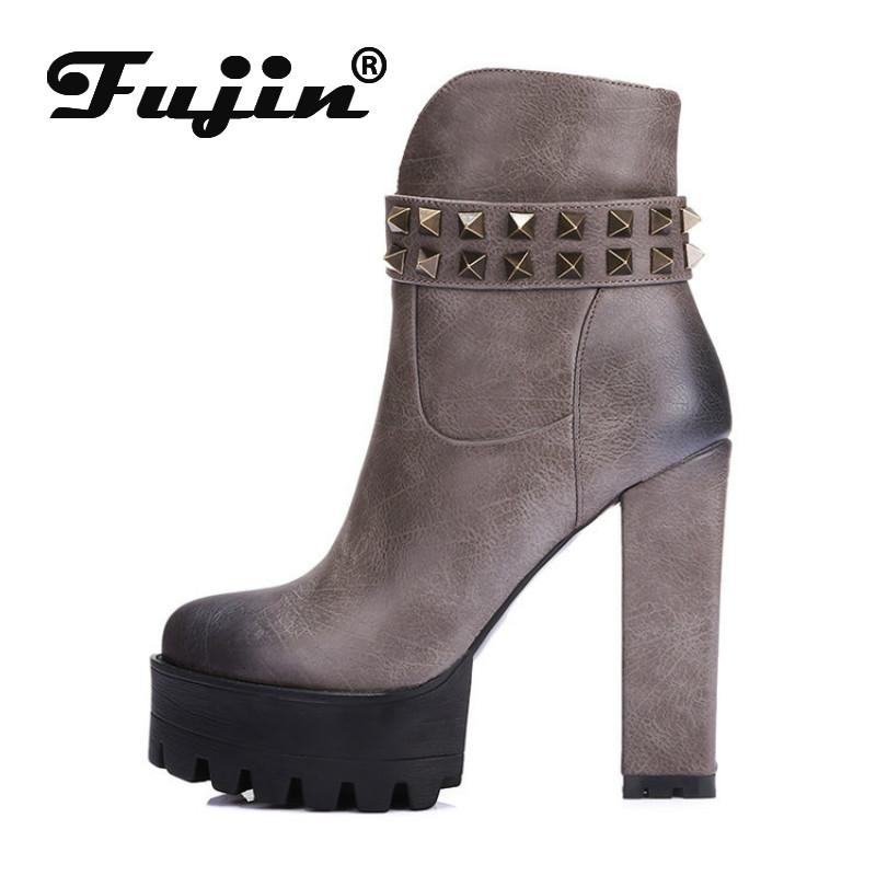 

Boots Fujin Short Women Plush Keep Warm Platform Rivet Super High Heels Thick Bottom Autumn Winter, Black