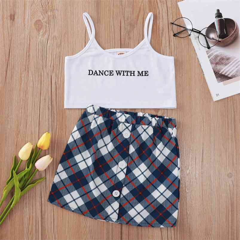 

Summer Children Sets Casual Strap White Solid Tops Plaid Skirt 2Pcs Girl Boys Clothes 1-8T 210629