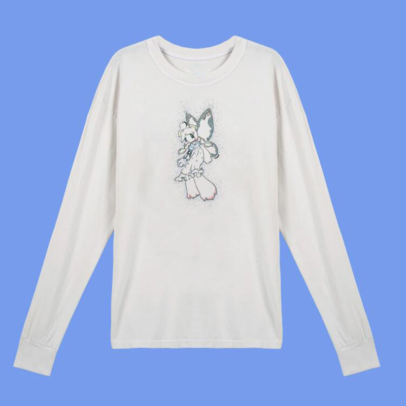 

Summer autumn longsleeve loose causal women tops print shine angel shirt cotton white long sleeve top women, Ivory