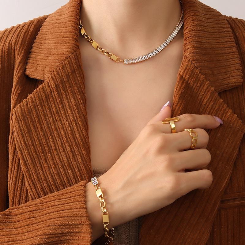 

Chokers Winter Titanium Steel 18K Gold Zircon Stone Tennis Bracelet Necklace Jewelry Set Lock Chain Gemstone Necklce Gift