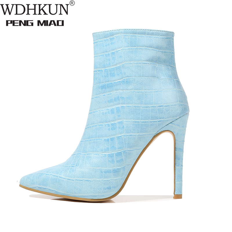 

Boots 2021 Luxury Women Pink Blue Sexy Thin High Heels Fetish Stripper Booties Warm Fur Print Sweet Ankle Pointy Shoes IJWZ